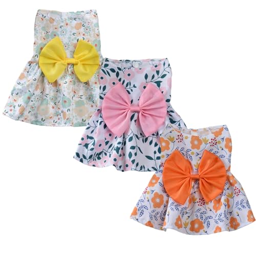LOSHALL 3-teiliges Hundekleid mit Blumenmuster, Haustier-Outfit mit niedlicher Schleife, Frühlings- und Sommerkleidung für kleine Hunde und Katzen (mehrfarbig, M) von LOSHALL