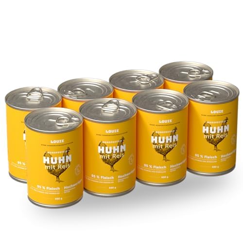 LOUIE Hunde Nassfutter – 100% natürliche Zutaten, hoher Fleischanteil, ohne Konservierungsstoffe, Alleinfuttermittel aus der EU (8 x 600 g, Huhn mit Reis) von LOUIE
