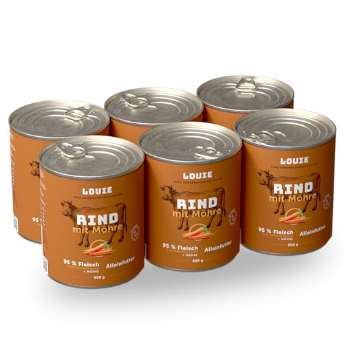 LOUIE Hunde Nassfutter 6 x 800g – 100% natürliche Zutaten Hundefutter nass, 95% Truthahnfleisch, natürliche Calciumquelle, ohne Konservierungsstoffe, EU (6 x 800 g, Rind mit Möhre) von LOUIE