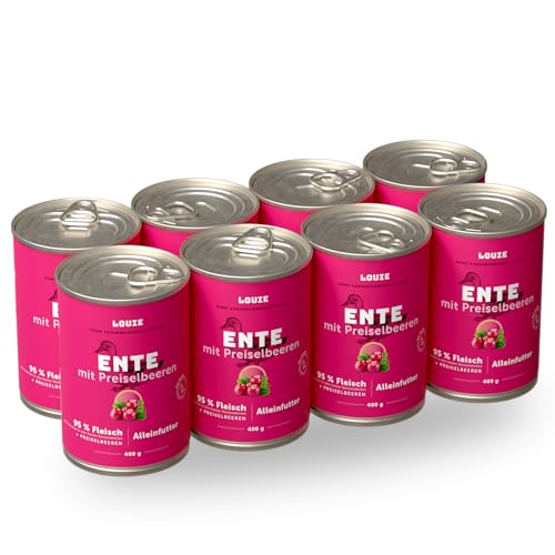 LOUIE Hunde Nassfutter 6 x 800g – 100% natürliche Zutaten Hundefutter nass, 95% Truthahnfleisch, natürliche Calciumquelle, ohne Konservierungsstoffe, EU (8 x 400 g, Ente mit Preiselbeeren) von LOUIE