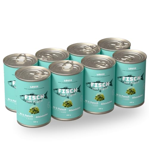 LOUIE Hunde Nassfutter 6 x 800g – 100% natürliche Zutaten Hundefutter nass, 95% Truthahnfleisch, natürliche Calciumquelle, ohne Konservierungsstoffe, EU (8 x 400 g, Fisch mit Algen) von LOUIE