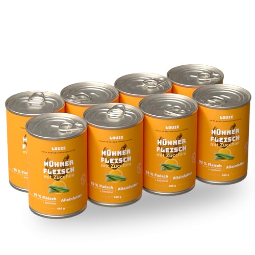 LOUIE Hunde Nassfutter 6 x 800g – 100% natürliche Zutaten Hundefutter nass, 95% Truthahnfleisch, natürliche Calciumquelle, ohne Konservierungsstoffe, EU (8 x 400 g, Fleisch mit Zucchini) von LOUIE