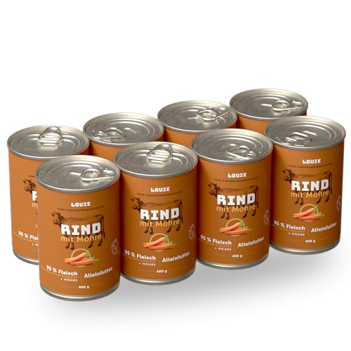 LOUIE Hunde Nassfutter 6 x 800g – 100% natürliche Zutaten Hundefutter nass, 95% Truthahnfleisch, natürliche Calciumquelle, ohne Konservierungsstoffe, EU (8 x 400 g, Rind mit Möhre) von LOUIE