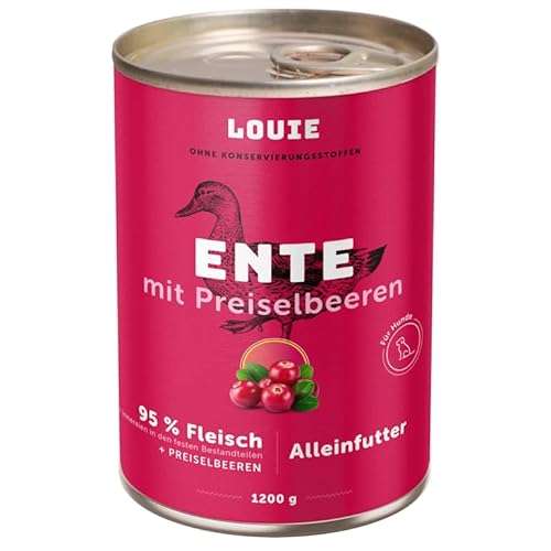 LOUIE Hunde Nassfutter Ente & Preiselbeeren 1200g – Komplettfutter mit 95% Entenfleisch, natürlicher Quelle von Calcium & Phosphor, ohne Konservierungsstoffe, 100% natürlich, EU LOUIE Hunde Nassfutter Ente & Preiselbeeren 1200g – Komplettfutter mit 95% Entenfleisch, natürlicher Quelle von Calcium & Phosphor, ohne Konservierungsstoffe, 100% natürlich, EU von LOUIE