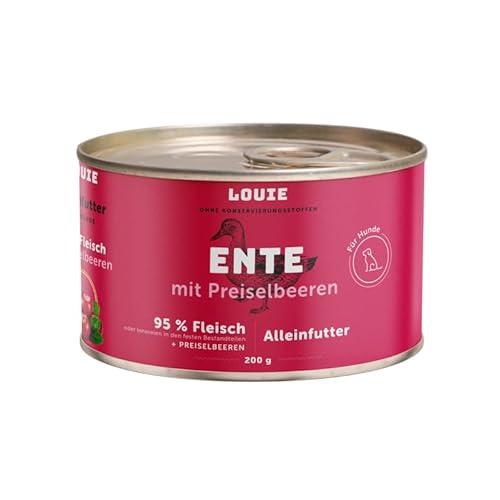 LOUIE Hunde Nassfutter Ente & Preiselbeeren 200g – Komplettfutter mit 95% Entenfleisch, natürlicher Quelle von Calcium & Phosphor, ohne Konservierungsstoffe, 100% natürlich, EU LOUIE Hunde Nassfutter Ente & Preiselbeeren 200g – Komplettfutter mit 95% Entenfleisch, natürlicher Quelle von Calcium & Phosphor, ohne Konservierungsstoffe, 100% natürlich, EU von LOUIE