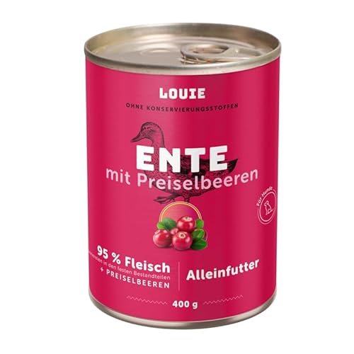 LOUIE Hunde Nassfutter Ente & Preiselbeeren 400g – Komplettfutter mit 95% Entenfleisch, natürlicher Quelle von Calcium & Phosphor, ohne Konservierungsstoffe, 100% natürlich, EU LOUIE Hunde Nassfutter Ente & Preiselbeeren 400g – Komplettfutter mit 95% Entenfleisch, natürlicher Quelle von Calcium & Phosphor, ohne Konservierungsstoffe, 100% natürlich, EU von LOUIE
