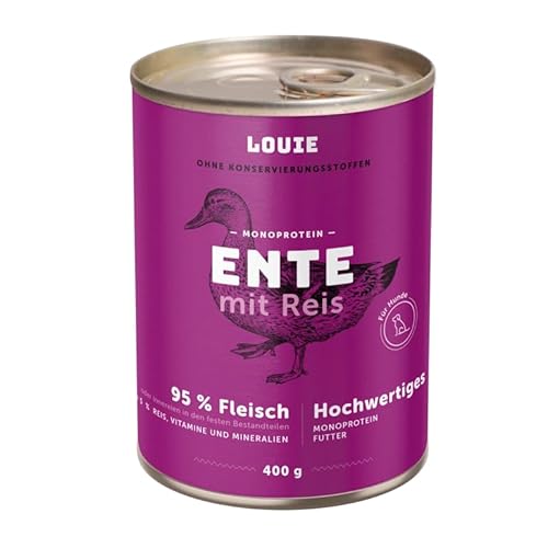 LOUIE Hunde Nassfutter Ente & Reis 200g – Hundefutter nass 100% natürliche Zutaten, 95% Entenfleisch, natürliche Calciumquelle, ohne Konservierungsstoffe, nährstoffreiches Alleinfuttermittel, EU von LOUIE