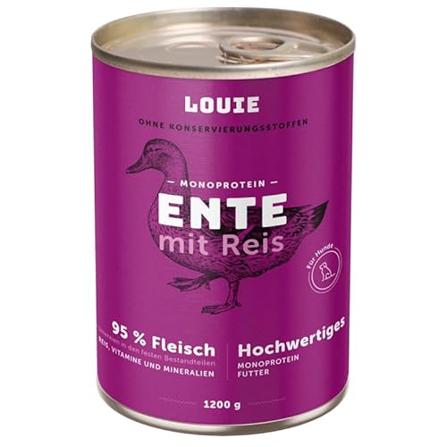 LOUIE Hunde Nassfutter Ente & Reis 200g – Hundefutter nass 100% natürliche Zutaten, 95% Entenfleisch, natürliche Calciumquelle, ohne Konservierungsstoffe, nährstoffreiches Alleinfuttermittel, EU LOUIE Hunde Nassfutter Ente & Reis 200g – Hundefutter nass 100% natürliche Zutaten, 95% Entenfleisch, natürliche Calciumquelle, ohne Konservierungsstoffe, nährstoffreiches Alleinfuttermittel, EU von LOUIE