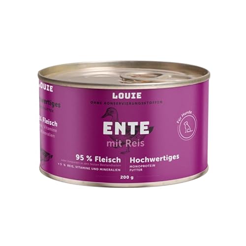 LOUIE Hunde Nassfutter Ente & Reis 200g – Hundefutter nass 100% natürliche Zutaten, 95% Entenfleisch, natürliche Calciumquelle, ohne Konservierungsstoffe, nährstoffreiches Alleinfuttermittel, EU LOUIE Hunde Nassfutter Ente & Reis 200g – Hundefutter nass 100% natürliche Zutaten, 95% Entenfleisch, natürliche Calciumquelle, ohne Konservierungsstoffe, nährstoffreiches Alleinfuttermittel, EU von LOUIE