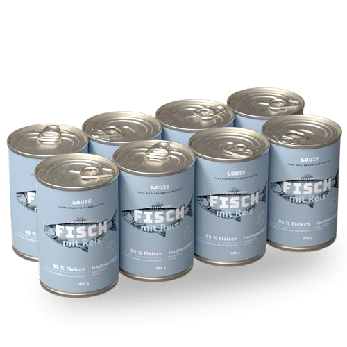 LOUIE Hunde Nassfutter Fisch & Reis 8 x 400g – 100% natürlich Hundefutter nass, 95% Fisch, natürliche Calciumquelle, ohne Konservierungsstoffe, nährstoffreiches Alleinfuttermittel, EU von LOUIE