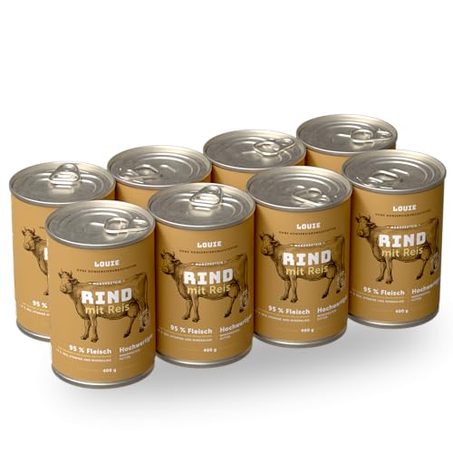 LOUIE Hunde Nassfutter Rind & Reis 8 x 400g – 100% natürlich, 95% Rindfleisch, ohne Konservierungsstoffe, Hundefutter nass natürliche Calciumquelle, Alleinfuttermittel, reich an Vitaminen, EU von LOUIE