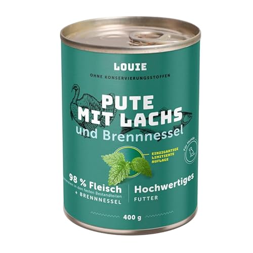 LOUIE Hunde Nassfutter Truthahn & Lachs mit Brennnessel 400g – Komplettfutter, 95% Fleisch, natürliche Calciumquelle, 100% natürlich, ohne Konservierungsstoffe, für eine gesunde Verdauung, EU von LOUIE