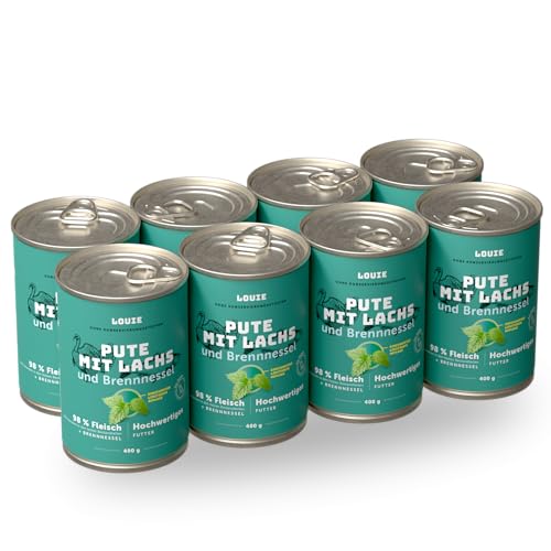 LOUIE Hunde Nassfutter Truthahn & Lachs mit Brennnessel 8 x 400g – Komplettfutter, 95% Fleisch, natürliche Calciumquelle, 100% natürlich, ohne Konservierungsstoffe, für eine gesunde Verdauung, EU von LOUIE