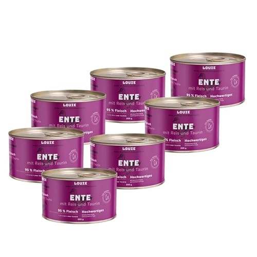 LOUIE Katzenfutter, Natürliches Katze Nassfutter ohne Zusatzstoffe, Vitamine & Mineralien, Unterstützt Herz, Augen & Verdauung, Hochwertiges Katzenfutter (8 x 200 g, Ente mit Reis und Taurin) von LOUIE