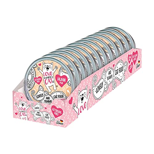 LOVE IS WHERE A CAT IS® 12x85g Premium-Katzenfutter: Huhn pur | getreidefrei | zuckerfrei | 100% Fleisch vom Huhn | 7 köstliche Sorten von LOVE is where A CAT is