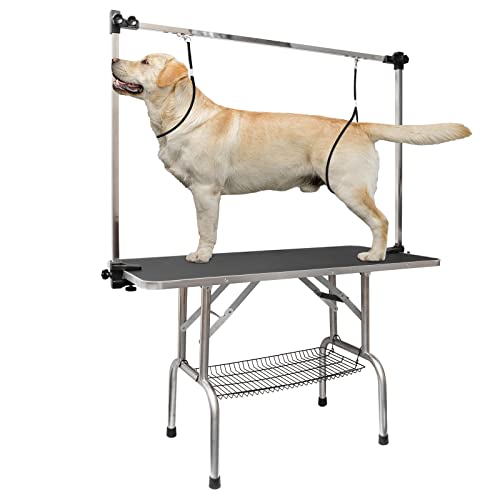 LOVMOR Fellpflegetisch für Hunde, 117,8 cm, verstellbar, mit Arm/Schlaufe/Netzablage von LOVMOR