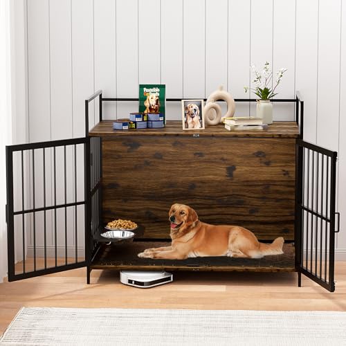 LOVMOR Hundekäfig-Möbel mit drehbaren Futternäpfen, Hundehütte für den Innenbereich mit Kissen, Hundekäfige für kleine und mittelgroße Hunde, 104,1 cm L x 59,9 cm B 90,9 cm H, rustikales Braun LOVMOR Hundekäfig-Möbel mit drehbaren Futternäpfen, Hundehütte für den Innenbereich mit Kissen, Hundekäfige für kleine und mittelgroße Hunde, 104,1 cm L x 59,9 cm B 90,9 cm H, rustikales Braun von LOVMOR