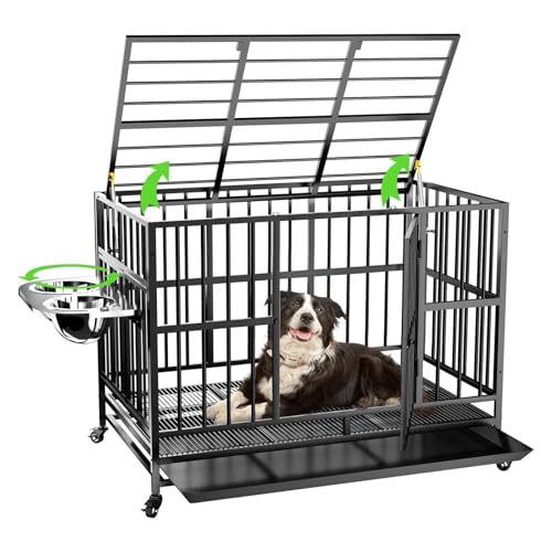 LOVMOR Robuste Hundebox mit einzigartiger Air Lift Stange/Rädern/360° & verstellbaren 2 Näpfen, extra mittelgroße Hundebox von LOVMOR