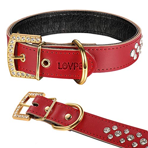 LOVPE Goldene Strass-Schnalle mit 3 Reihen personalisierbares Strass-Leder-Halsband für Hunde kleine mittelgroße Rassen (M, Rot) von LOVPE