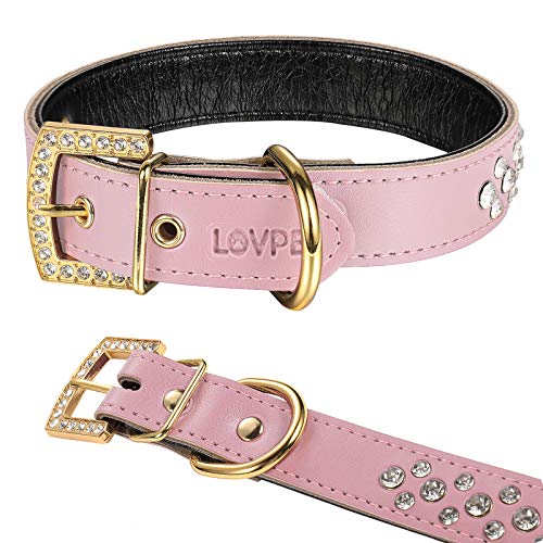 LOVPE Goldene Strass-Schnalle mit 3 Reihen personalisierbares Strass-Leder-Halsband für Hunde kleine mittelgroße Rassen (S, Pink) von LOVPE