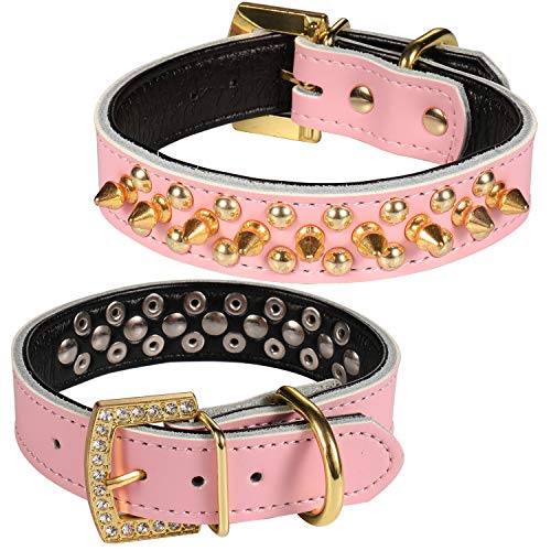LOVPE Hundehalsband, luxuriös, goldfarbene Strass-Schnalle, weiches Leder, Pilznieten und goldene Spikes, personalisiertes Halsband für kleine, Pit Bull (S (Halsumfang für 27.9–33 cm), Pink) von LOVPE