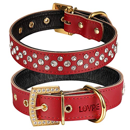 LOVPE Hundehalsband mit Strasssteinen, Leder, 3 Reihen, mit goldfarbener Strass-Schnalle für kleine und mittelgroße Rassen, Größe S (Halsumfang für: 28,9 - 33 cm), Rot von LOVPE