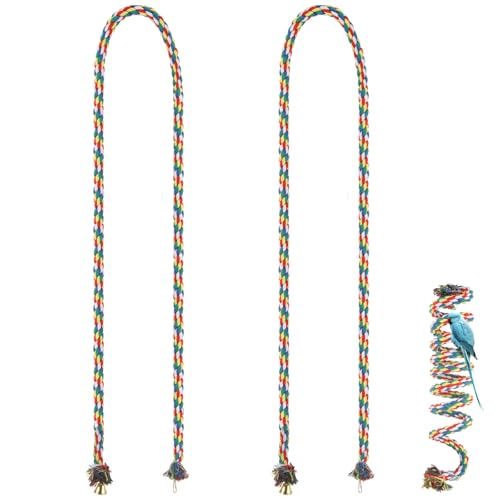 LOYORTY 2 x 194,8 cm lange Baumwoll-Vogelseil-Sitzstange, buntes Seil, biegbare Sitzstangen für Vogelkäfige, Vogelschaukel-Set mit Glocke für kleine, mittelgroße Papageien von LOYORTY