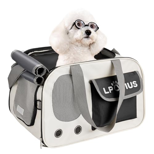 Katzentragetasche mit Seitentasche, Fluggesellschaftszugelassene Haustiertragetasche für mittelgroße Katzen und kleine Hunde, tragbare Katzen-Reisetasche mit sichtbaren Netzfenstern und Rollvorhang, von LPOTIUS