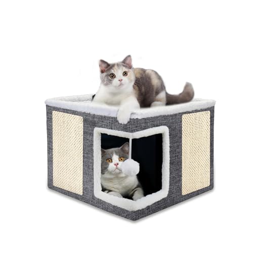 Katzenbetten für Indoor-Katzen, großes Katzenhaus, Katzenbett, Höhle mit zwei Kratzpads und hängendem Ball, faltbar, niedliches Katzenhaus für große und kleine Haustiere Katzenbetten für Indoor-Katzen, großes Katzenhaus, Katzenbett, Höhle mit zwei Kratzpads und hängendem Ball, faltbar, niedliches Katzenhaus für große und kleine Haustiere von LQNQ