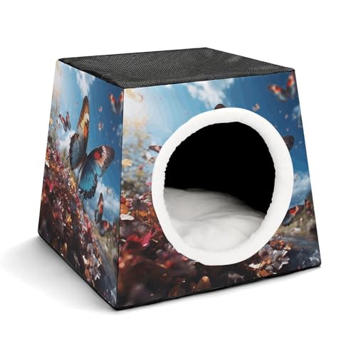 LQPMNK Tragbares Haustiernest für kleine Haustiere, bunte Schmetterlinge, die im blauen Druck fliegen, Kapsel-Design, Weltraumkapsel, Haustiernest, langlebiges Haustiernest, Haustierbett für Zuhause von LQPMNK