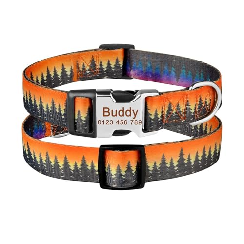 Personalisiertes Hundehalsband, bedrucktes Hundehalsband aus Nylon mit Hunde-ID und kostenloser Gravur for kleine, mittelgroße und große Hunde breites hundehalsband(Tree in Dark 18,M 32-52cm) von LRTVAOP