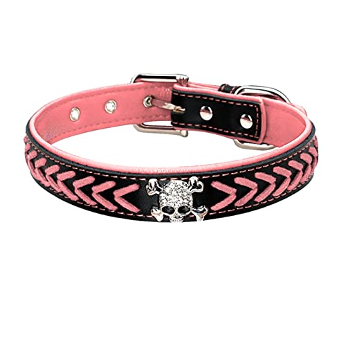 1 Pc Cool Braided Leather Dog Collar Soft Padded Skull Studded Pet Dogs Collars Adjustable-Pink,L von LRZIN