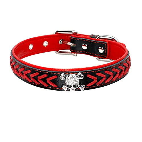 1 Pc Cool Braided Leather Dog Collar Soft Padded Skull Studded Pet Dogs Collars Adjustable-Red,L von LRZIN
