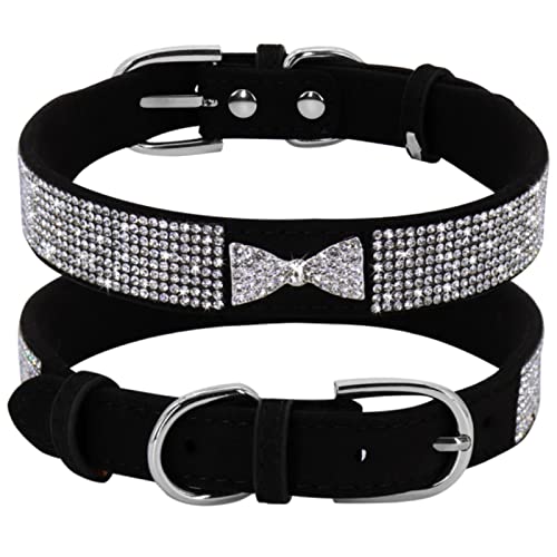 1 Pc Rhinestone Dog Collar Soft Suede Leather Puppy Cat Necklace Collars with Cute Bowtie-Black,27-33cm von LRZIN