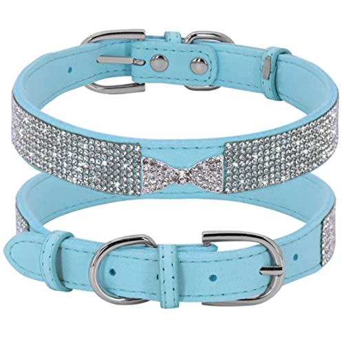1 Pc Rhinestone Dog Collar Soft Suede Leather Puppy Cat Necklace Collars with Cute Bowtie-Blue,20-26cm von LRZIN