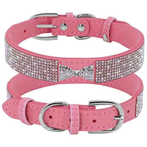 1 Pc Rhinestone Dog Collar Soft Suede Leather Puppy Cat Necklace Collars with Cute Bowtie-Pink,27-33cm von LRZIN