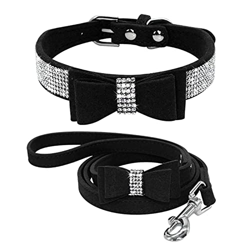 1 Pc Rhinestone Leather Dog Cat Collar Leash Set Crystal Diamonds Studded Cute Bowknot Puppy Small-Black,M von LRZIN