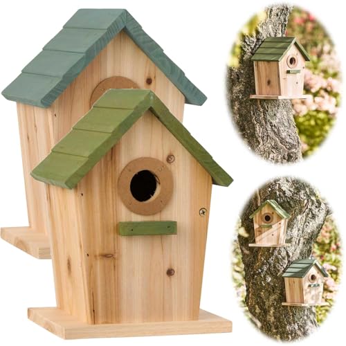 LS-LebenStil Vintage Holz Vogelhaus Rømø Grün 22cm Brutkasten Nistkasten Vogelhäuschen Meisenkasten mit Reinigungsklappe Blaumeisen und Kohlmeisen - Meisennistkästen zum Aufhängen von LS-LebenStil