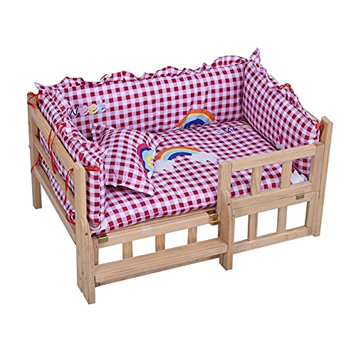 LSMK Hundebett Hundeliege Erhöhtes Hundebett Mit Kissen, Haustier-Schlafsofa Aus Holz/Tragbare Zwinger Mit Holzrahmen/Erhöhte Hundetreppe, Mit Rosa Regenbogen-Gittermatratze (Size : 74×49×36cm) von LSMK