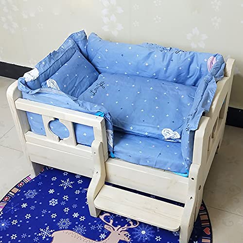 LSMK Hundebett Hundeliege Hundebettgestell Aus Holz Groß, Erhöhte Haustierbetten Für Kleine Mittelgroße Hunde, Die Schlafen, Sanft Bequem Holzhütten Mit Blauer Matratze & Treppe (Size : 100×65×40cm) von LSMK