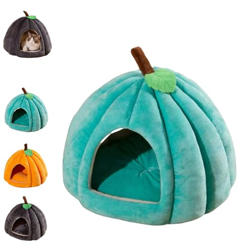 LSYQFB Halloween-Katzenbett, kürbisförmiges Welpenhöhlenbett, Katzenzeltbett mit herausnehmbarer Matte, halbgeschlossenes Haustierbett, kürbisförmiges Katzenbett für den Innenbereich von LSYQFB
