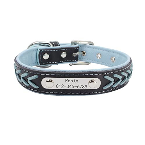 Personalisierter Hundehalsband Leder mit Edelstahl Individuelles Name und Telefonnummer Marke und Geflochtenes Leder Halsband,Für Welpen Kleine Mittlere Große Hunde(Blau,S:27—34CM) von LTSLZO