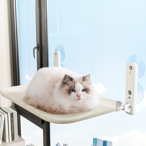 Kabellose Katzenfensterstange – bequeme Katzenhängematte mit 4 Saugnäpfen für Katzen, einfache Installation, robust und breit, faltbare Katzenbetten für den Innenbereich (Beige, Groß) von LUARTO