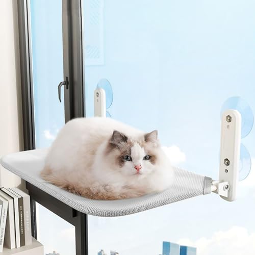 Kabellose Katzenfensterstange – bequeme Katzenhängematte mit 4 Saugnäpfen für Katzen, einfache Installation, robust und breit, faltbare Katzenbetten für den Innenbereich (Grau, klein) von LUARTO
