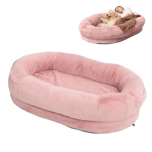 LUCKDANO Großes Menschliches Hundebett mit Weichem, Gemütlichem, Unterstützendem Design für Hals und Kopf. Korallenrosa Hundebett für den Wintergebrauch mit Seitentasche (175 * 90 * 30CM) von LUCKDANO