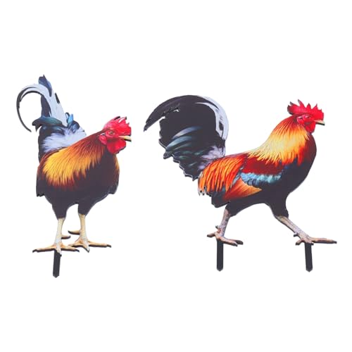 Hahn-Gartenstecker-Dekoration, Wetterfeste Hühnerskulptur aus Acryl, für den Außenhof, Garten mit Leuchtenden Farben für Balkon, Innenhof (YKLU073A+B) von LUCKDANO