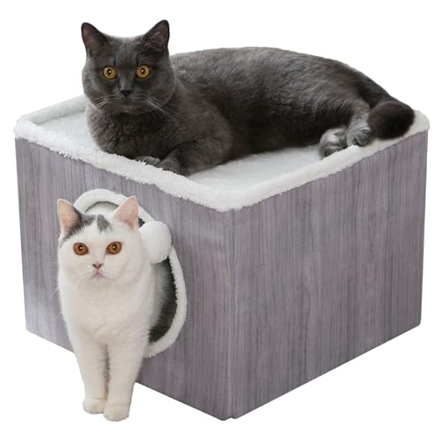 LUCKITTY Katzenhaus mit Wendekissen und flauschigem Ball zum Aufhängen, faltbarer Katzenwürfel, großes Höhlenbett für Indoor-Katzen, graues Holzmaserungsmuster von LUCKITTY