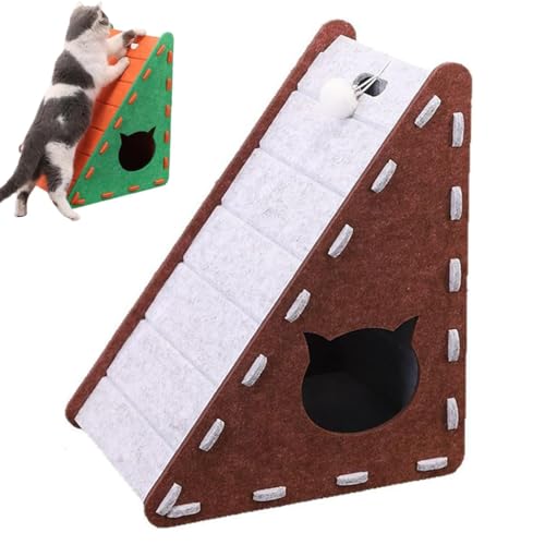 Mellowkin Cat Scratcher Felt, Mellowkin Katzenkratzer Filz, 3-in-1-Filz Katzenhöhle mit Katzenkratzbrett, Dreieckiger Kratzbaum Katzenhaus mit Ballspielzeug, Interaktives Katzenspielzeug (Khaki-A) von LUCKKY