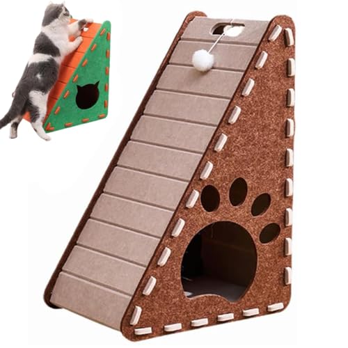 Mellowkin Cat Scratcher Felt, Mellowkin Katzenkratzer Filz, 3-in-1-Filz Katzenhöhle mit Katzenkratzbrett, Dreieckiger Kratzbaum Katzenhaus mit Ballspielzeug, Interaktives Katzenspielzeug (Khaki-B) von LUCKKY