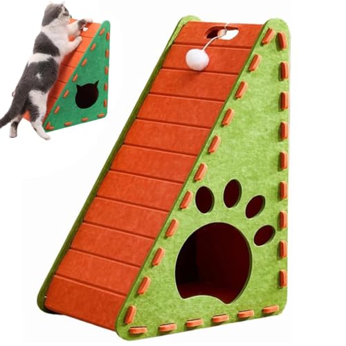 Mellowkin Cat Scratcher Felt, Mellowkin Katzenkratzer Filz, 3-in-1-Filz Katzenhöhle mit Katzenkratzbrett, Dreieckiger Kratzbaum Katzenhaus mit Ballspielzeug, Interaktives Katzenspielzeug (Orange-B) von LUCKKY